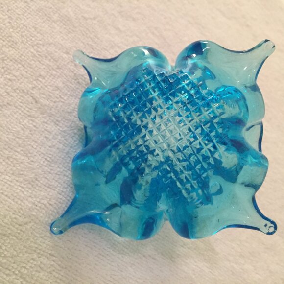 Small Blue Art Glass Basket 3" Trinket Dish Ring Holder Bubbles - Picture 6 of 11